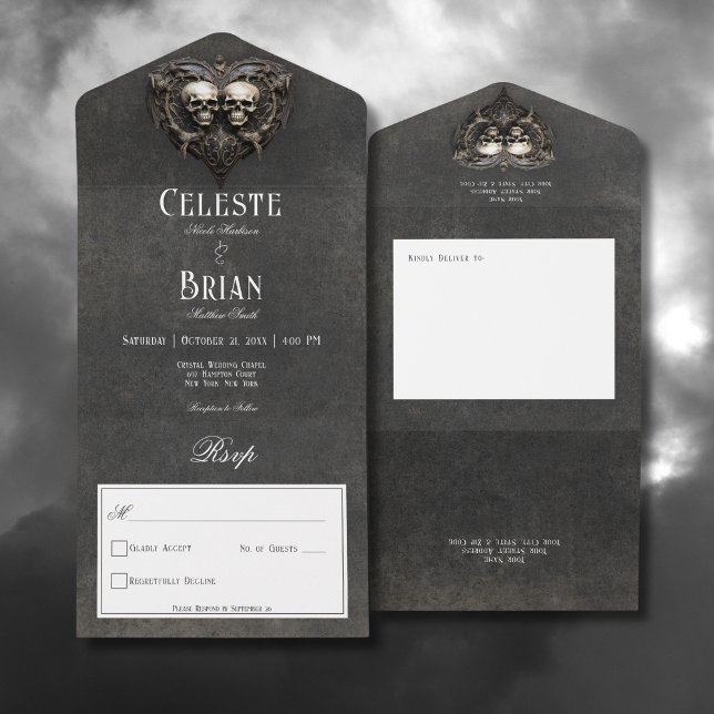 Gothic Black & White Skulls & Heart No Dinner All In One Einladung (Gothic Black & White Skulls & Heart All In One Wedding Invitation without Dinner Options)