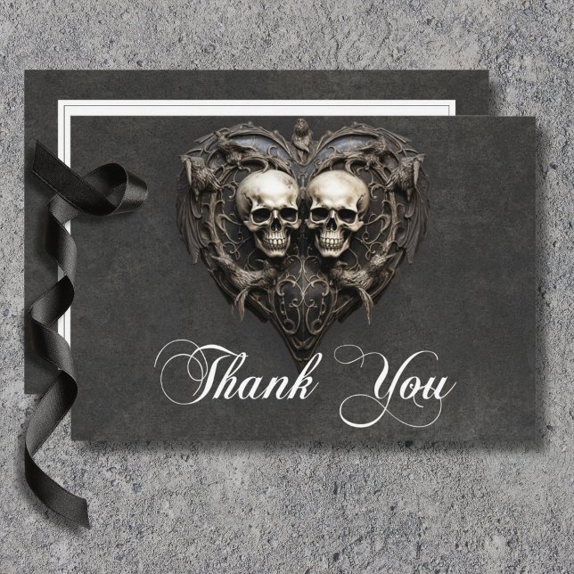 Gothic Black & White Skulls & Heart Wedding Dankeskarte (Gothic Black & White Skulls & Heart Wedding Thank You Card)