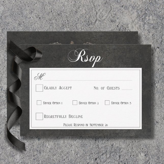 Gothic Black & White Skulls & Heart Wedding Dinner RSVP Karte (Gothic Black & White Skulls & Heart Wedding Response Card with Dinner Options)