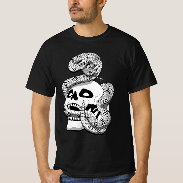 Gothic Black & White Snake und Skull Dark Art T-Shirt (Vorderseite)