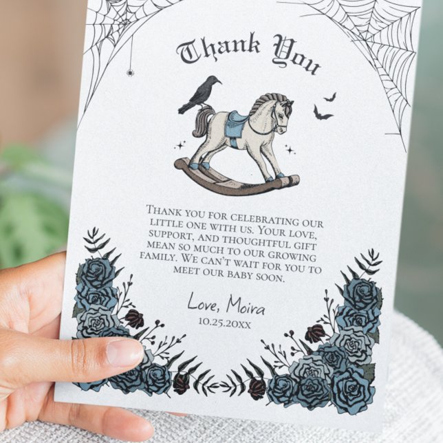 Gothic Blue Floral Rocking Horse Baby Shower Dankeskarte (Gothic Halloween Baby Shower Thank You Card. Hand Drawn Rocking Horse, Raven, Bats, and Blue Roses.)
