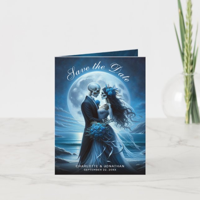 Gothic Blue Skeleton Couple Wedding Save the Date Ankündigung (Vorderseite)
