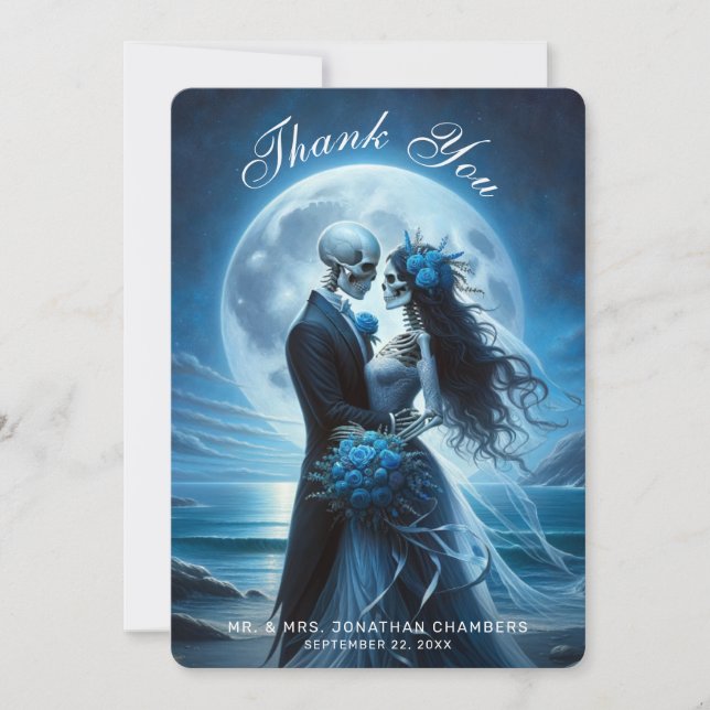 Gothic Blue Skeleton Couple Wedding Thank You Dankeskarte (Vorderseite)