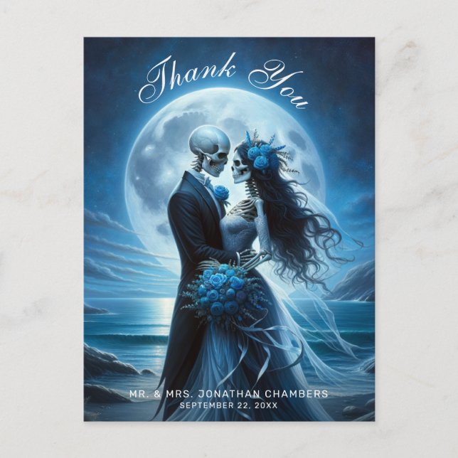 Gothic Blue Skeleton Couple Wedding Thank You Postkarte (Vorderseite)