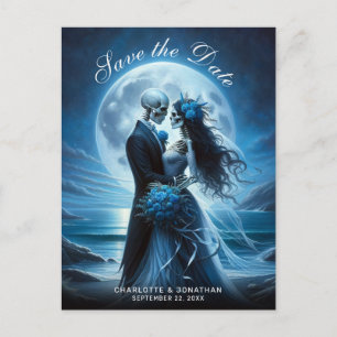 Gothic Blue Skelett Brautpaar Hochzeit Terminankün Ankündigungspostkarte