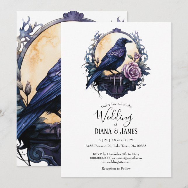 Gothic Boho Floral Raven & Rose  Wedding Einladung (Vorne/Hinten)