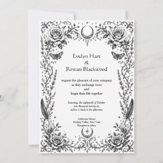 Gothic Botanical Schwarz-Weiß Einladung