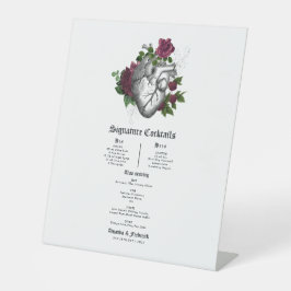Gothic Burgund Blumenherz Hochzeitscocktail Menü Sockelschild