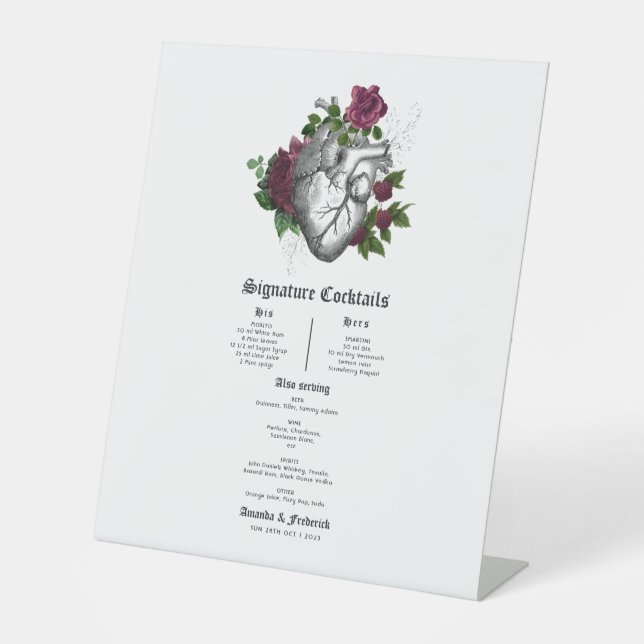 Gothic Burgund Blumenherz Hochzeitscocktail Menü Sockelschild (Vorderseite)