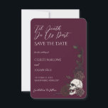 Gothic Burgundy Skull Til Death Save the Date<br><div class="desc">This elegant Gothic Burgundy Skull Til Death Save the Date features dramatic dark floral corner designs with hand-drawn skull and rose details in deep burgundy and antique mauve tones, against a rich burgundy background, creating a refined dark romance aesthetic. At the top, the editable “’Til Death Do Us Part” title...</div>