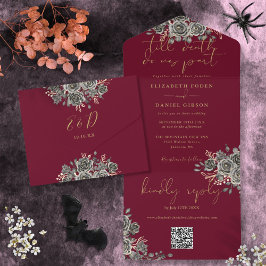Gothic Burgundy und Gold Rose QR Code Wedding All In One Einladung