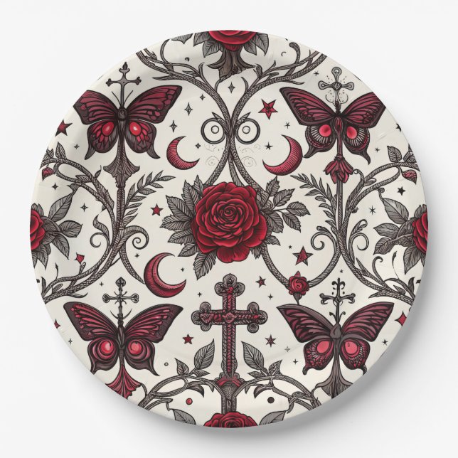 Gothic Butterfly Blumenmuster (1) Pappteller (Vorderseite)