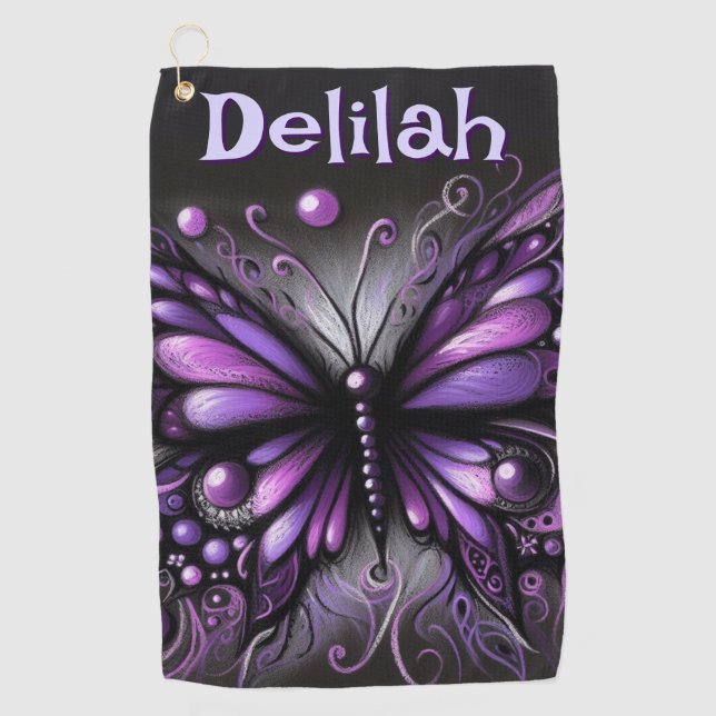 Gothic Butterfly Lila Black Personalisiert Golfhandtuch (Vorderseite)