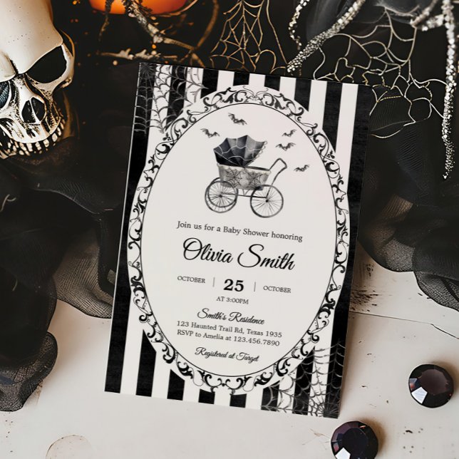 Gothic Carriage Halloween Baby Dusche Einladung (Gothic Vintage Baby Carriage Stroller Bats Halloween Baby Shower Invitation)