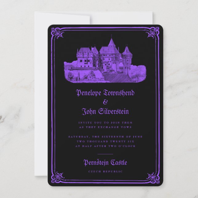 Gothic Castle Border Black Lila Wedding Einladung (Vorderseite)
