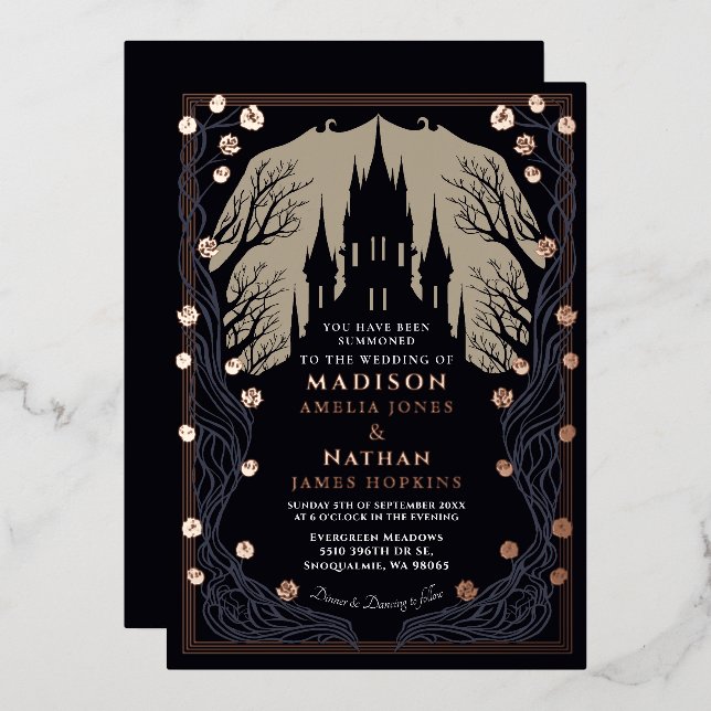 Gothic Castle Floral Halloween Hochzeit Folieneinladung (Vorderseite/Rückseite)