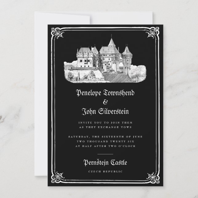 Gothic Castle Hand Drawn Border Black Wedding Einladung (Vorderseite)