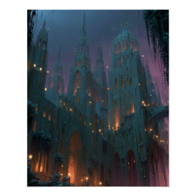 Gothic Castle Under Aurora Fantasy Night Art Poster (Vorderseite)