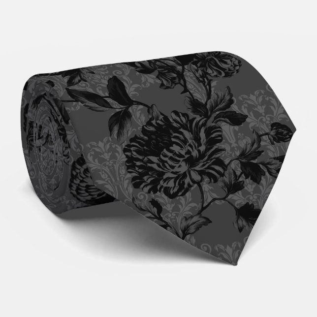 Gothic Charcoal Damask Black Floral Wedding Krawatte (Gerollt)