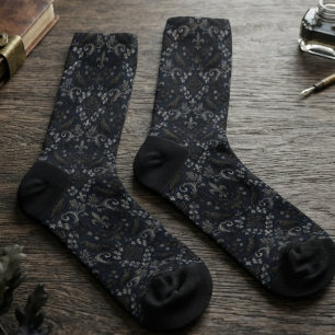 Gothic Charcoal Schwarz Damast Raben Design Socken