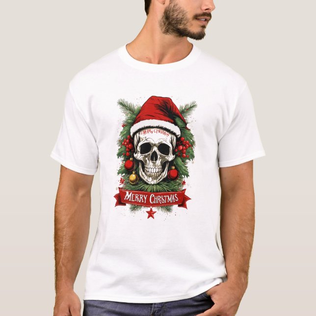 Gothic Cheer: Death Skull Frohe Weihnachten T-Shirt (Vorderseite)