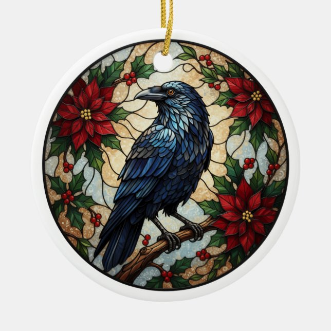 Gothic Christmas Raven Poinsettia Ceramic Ornament (Vorne)