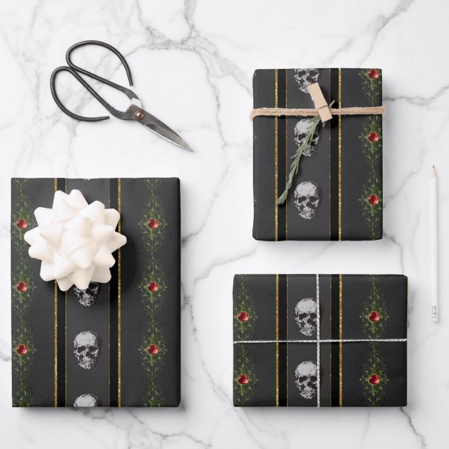 Gothic Christmas Skull Wrapping Paper Geschenkpapier Set (Vorderseite)