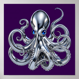 Gothic Chrome-Oktopus mit Saphir-Augen Fantasy A Poster