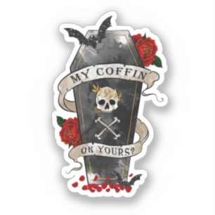 Gothic Coffin & Skull mit Rote Rose Aufkleber