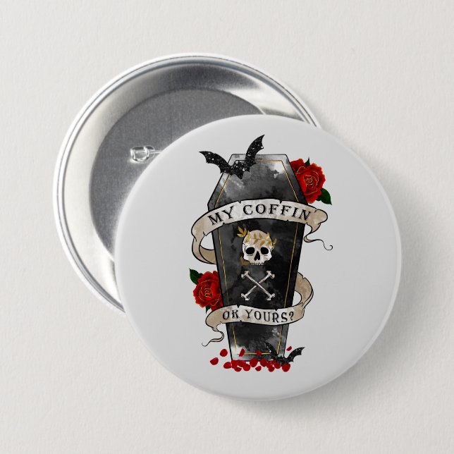 Gothic Coffin & Skull mit Rote Rose Button (Vorne & Hinten)
