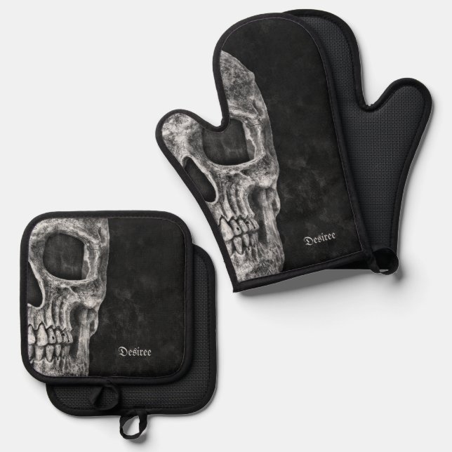Gothic Cool Half Skull Kopf Schwarz-Weiß-Grunge Ofenhandschuh & Topflappen-Set (Vorderseite/Rückseite)