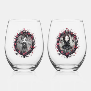 Gothic Couple Skulls und Rose Weinglas Ohne Stiel