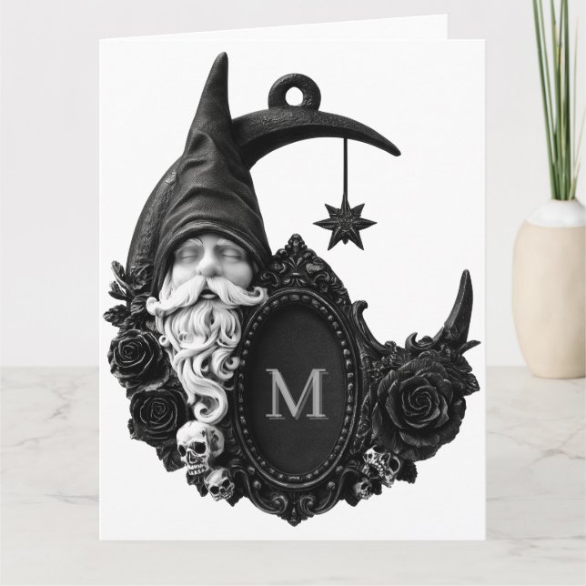 Gothic Crescent Moon Gnom mit Initiale  Karte (Vorderseite)