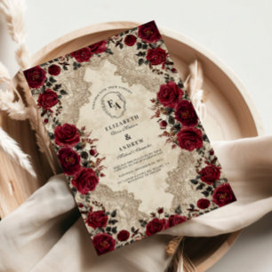 Gothic Crimson Lace Rose Wedding Einladung