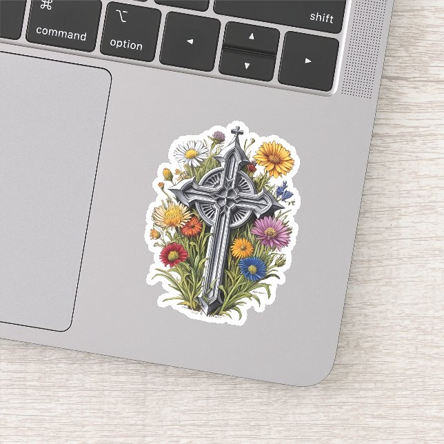 Gothic Cross mit Wildblumen Aufkleber (Detail)