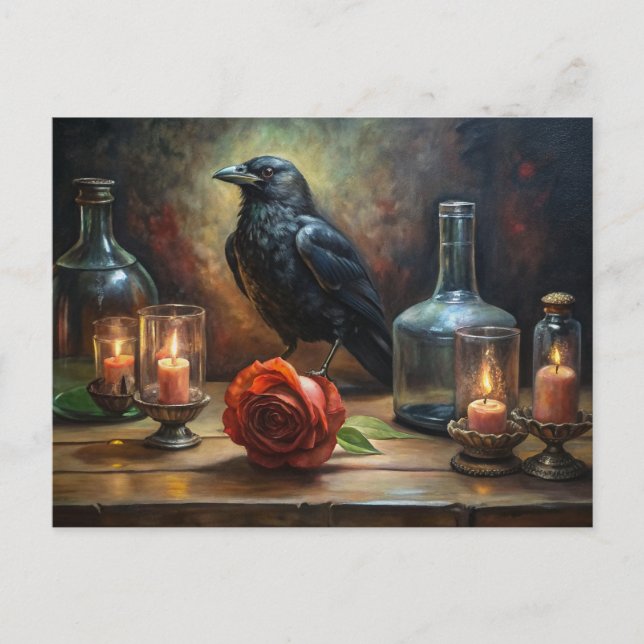 Gothic Crow, Kerzen und Rose Postkarte (Vorderseite)