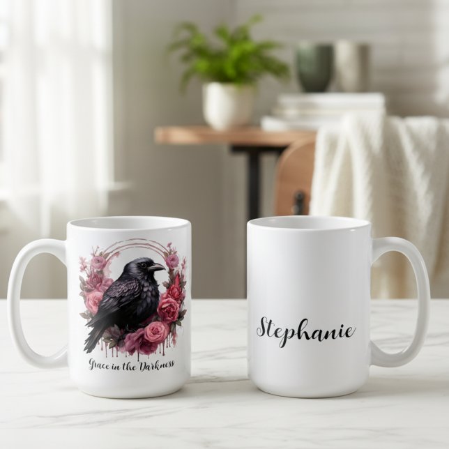 Gothic Crow Moody Dark Academia Kaffeetasse (Floral black raven personalized coffee mug)