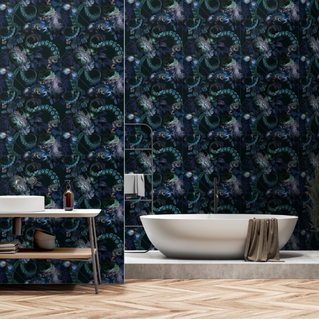 Gothic Cthulhu Türkis Tentacle mit Blume Tapete (Badezimmer)
