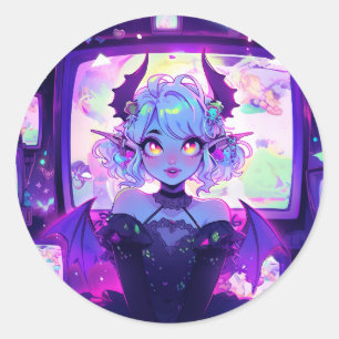 Gothic Cyberpunk Demon Fantasy Anime Girl Runder Aufkleber