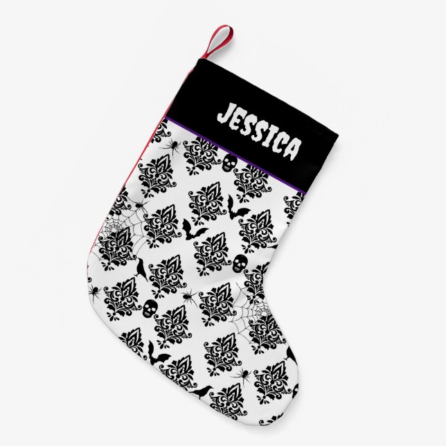 Gothic Damask Muster Spiders Skulls Fledermäuse Kleiner Weihnachtsstrumpf (Vorderansicht (hängend))