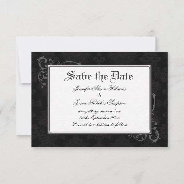 Gothic Damask Save the Date in Schwarz und Weiß (Vorderseite)