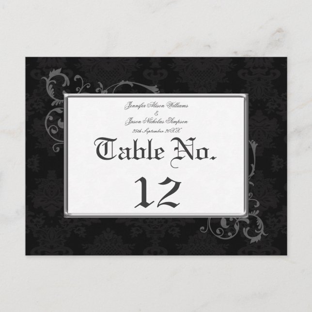 Gothic Damask Wedding Tischnummer Black & White (Vorderseite)
