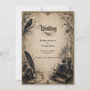 Gothic Dark Academia Raben-Buch-Hochzeit Einladung