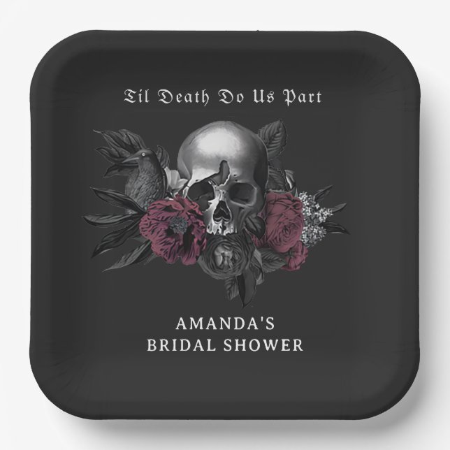 Gothic Dark Floral Skull Halloween Brautparty Pappteller (Vorderseite)