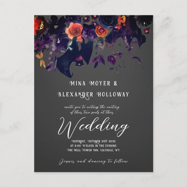 Gothic Dark Floral with Bats QRC Wedding Postkarte (Vorderseite)