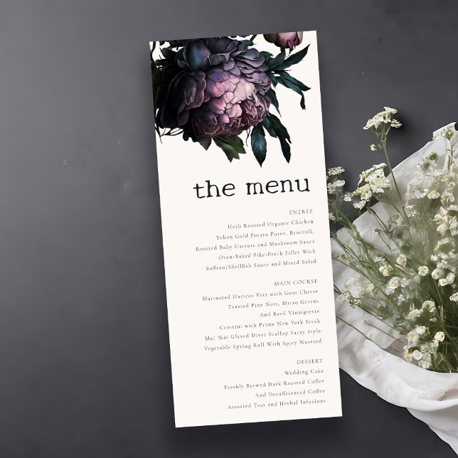 Gothic Dark Lila Black Peony Wedding Menu Card Einladung (Von Creator hochgeladen)