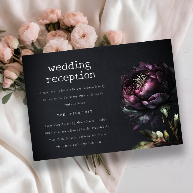 Gothic Dark Lila Black Peony Wedding Reception Begleitkarte (Von Creator hochgeladen)