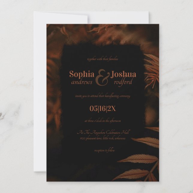 Gothic Dark Orange Blätter Hochzeit im Herbst Hand Einladung (Vorderseite)