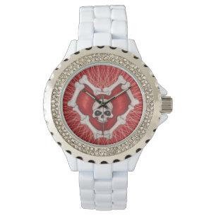 Gothic Dark Red Heart mit Knochen Skull Spiral Lin Armbanduhr