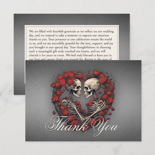 Gothic Dark Skeletts & Rose Heart Wedding Dankeskarte (Vorne/Hinten)